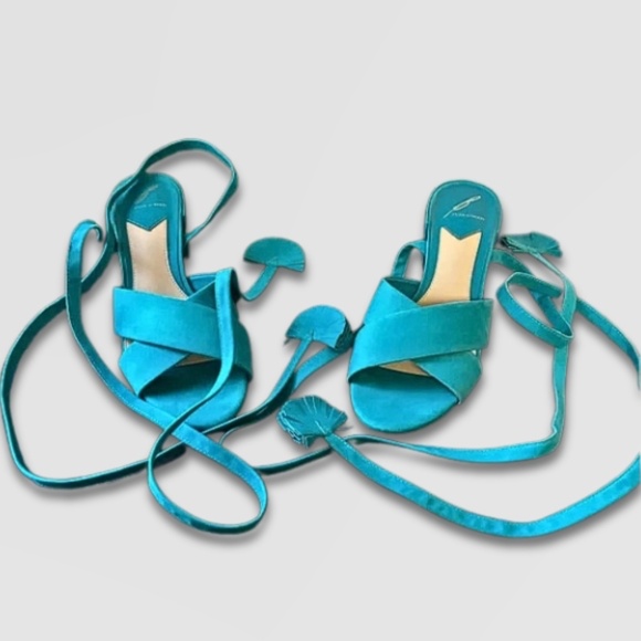 Brian Atwood Astor Nubuck Sandals Block Heel Crisscross Tie Up Aqua Women’s US 7 - Picture 4 of 13